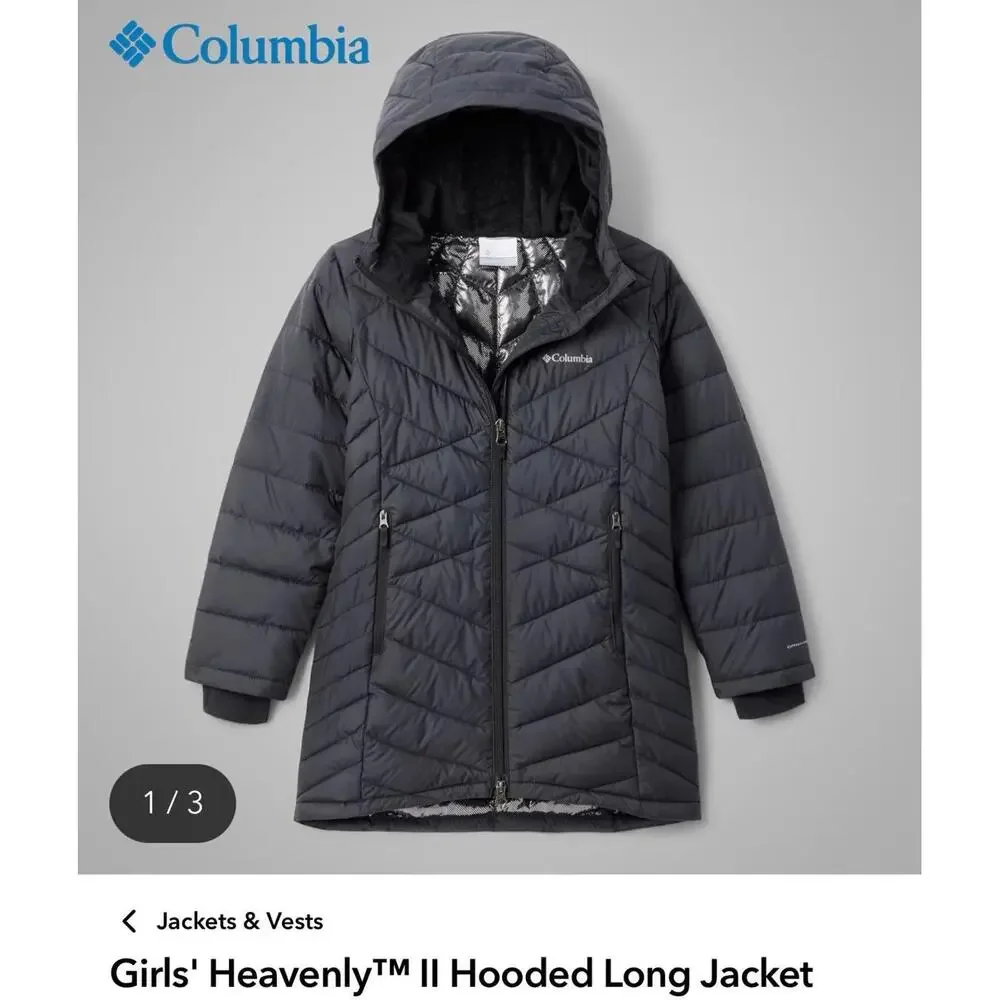Columbia Girls Youth Heavenly Hooded Long Jacket Black Omni Heat Size S 7 8
